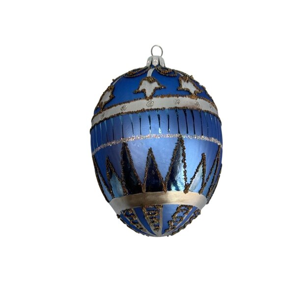 Handcrafted Blue Glass Ornament With Black & Silver Glitter Details 5" Holiday D - Picture 4 of 6